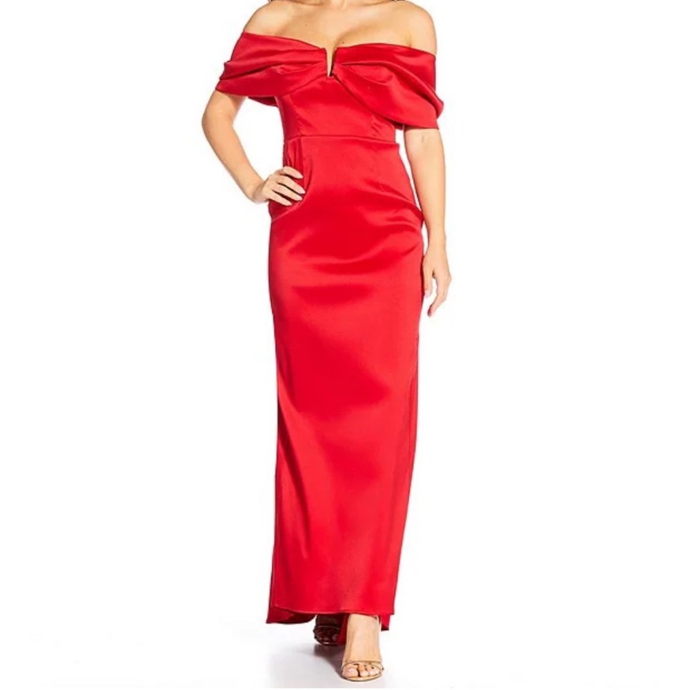 Muse by Marchesa Red Satin Off The Shoulder Evening Gown Dress Sz 6,389 rsvp NWT